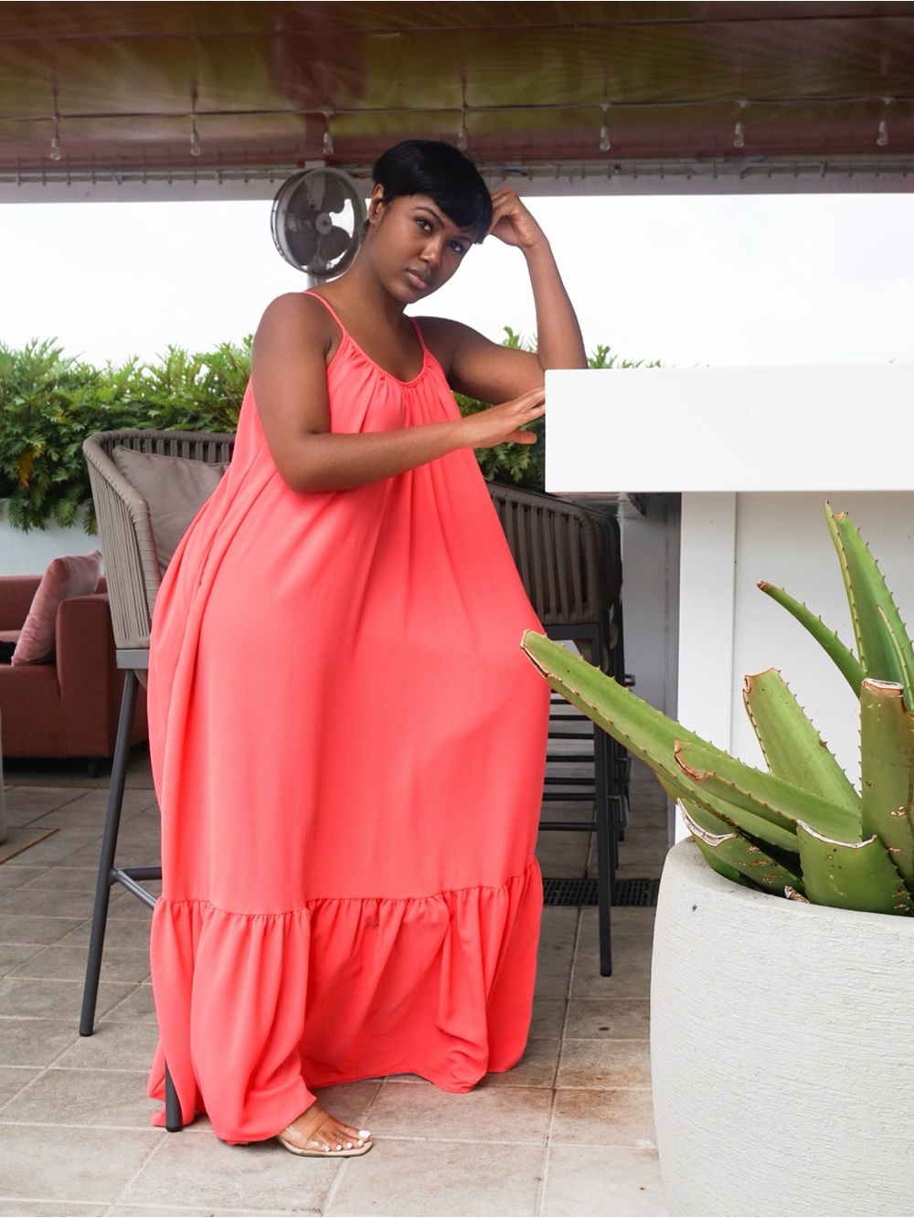 Sleeveless Coral Maxi Dress with Ruffle Hem